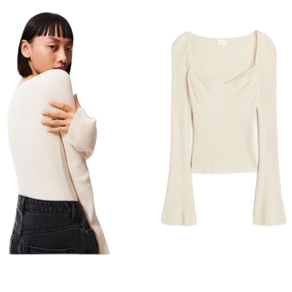 H&M Sweetheart Neck Line V Plunge Color: Cream Long Split Sleeve Sweater Size S… - Picture 5 of 10